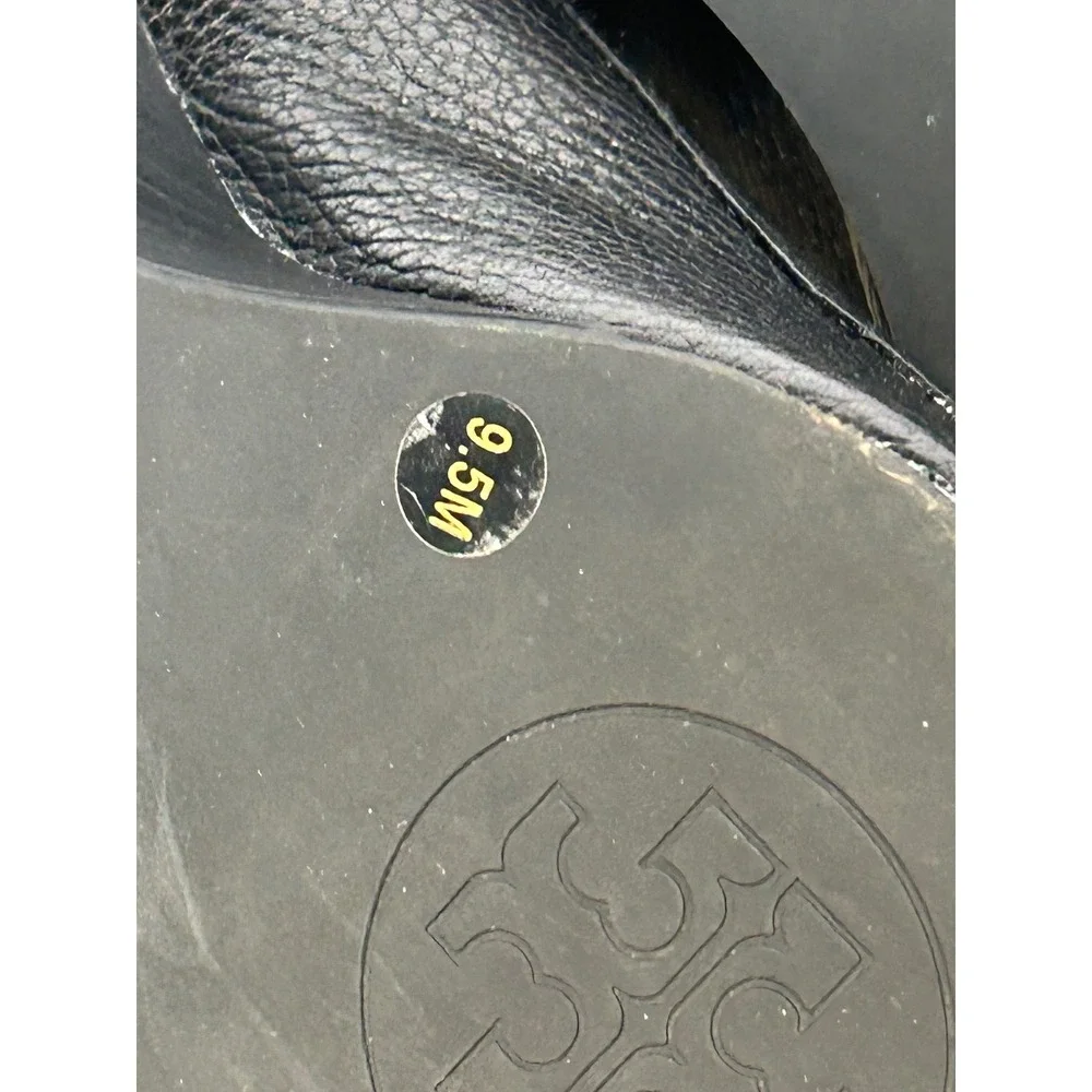 Tory Burch Black Pebbled Leather Wedge Pumps Gold Logo Buckle Womens 9.5M